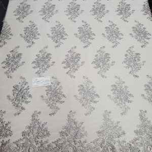 Metallic Silver &quot;The Ozzy Lace&quot; Floral Embroidery w Cording on Mesh Lace Fabric Sold BTY - Wedding Prom Gown Lace Double Scalloped (#13-002)