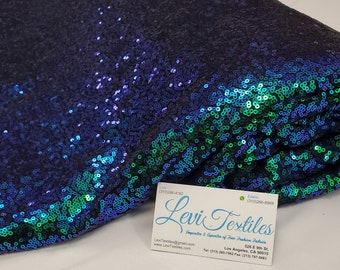 Iridescent Green Blue Peacock Glitz Sequins Fabric / 3mm Sequin on Poly Mesh BTY