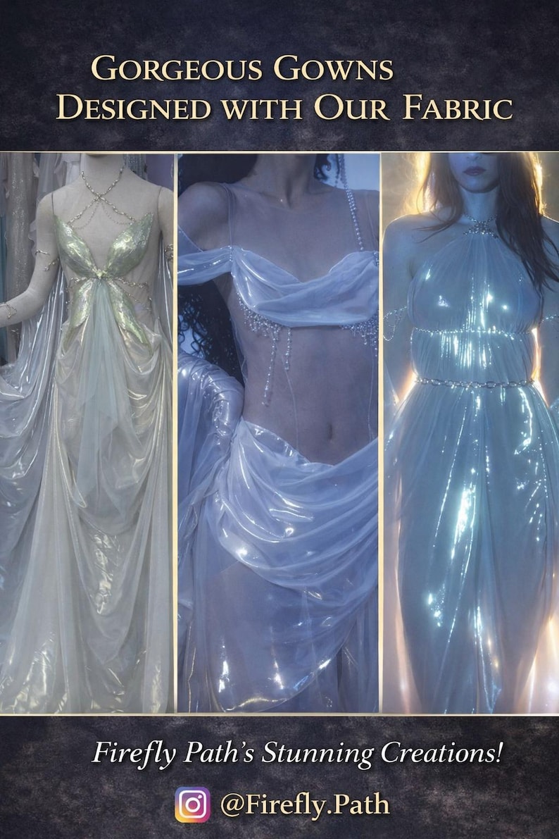 May include: Image features three elegant gowns in shimmering, flowing fabrics. The gowns are in shades of white and silver, with intricate detailing. Text at the top reads "GORGEOUS GOWNS DESIGNED WITH OUR FABRIC". The bottom text says "Firefly Path's Stunning Creations!"
