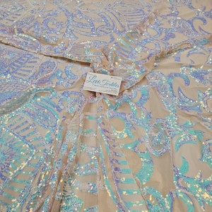 Iridescent Sky Blue/nude 4 Way Stretch Nylon Spandex Mesh Prom Sequin