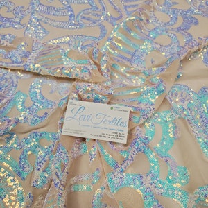Iridescent Sky Blue/nude 4 Way Stretch Nylon Spandex Mesh Prom Sequin