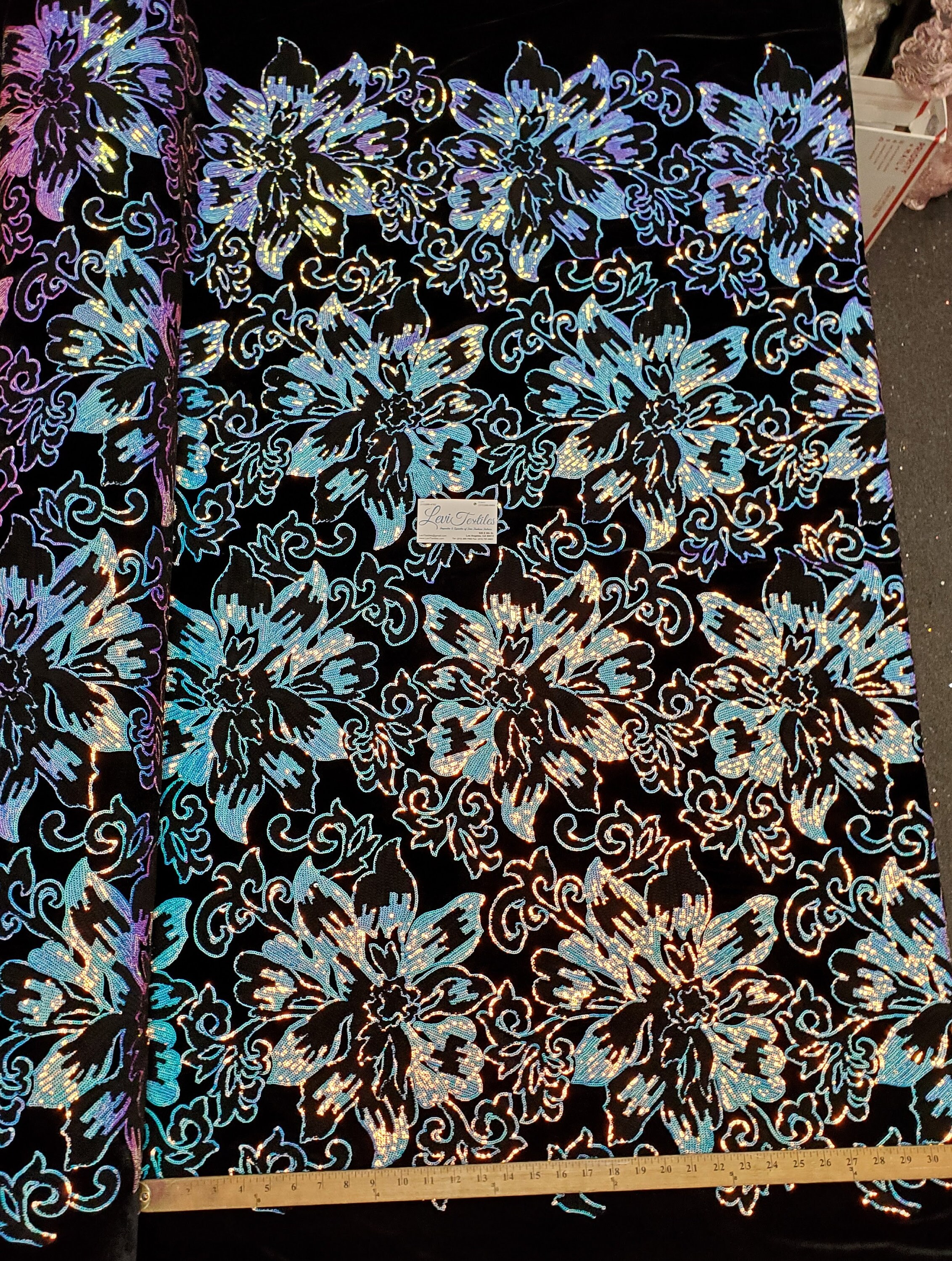 4-way Stretch Black Velvet w Iridescent Blue Sequins - Lotus Flower