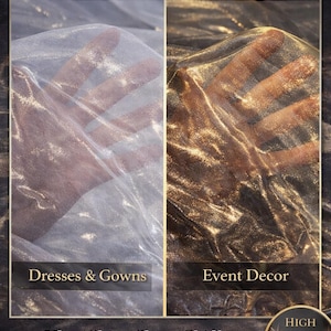 May include: Image showcasing ultra shiny sheer chiffon fabric with a metallic foil accent. The fabric is displayed in two color variations, one silver and one gold, with the text "Dresses & Gowns" and "Event Decor". The image also includes the text "High Shine Effect".