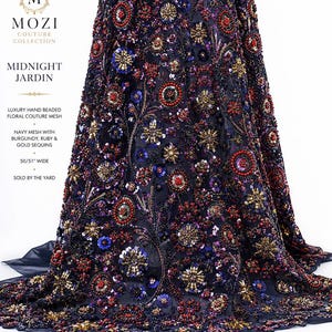 Luxury Hand Beaded Floral Mesh Fabric by the Yard, Navy Beaded Sequin Embroidery on Mesh, Couture Evening Gown Fabric, 50/51" Wide