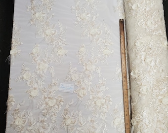 Ivory Floral Embroidery with 3D Satin Flowers, Sequins & Ostrich Feathers on Mesh Prom Wedding Fabric