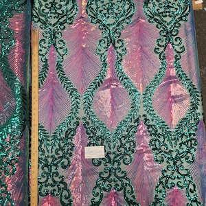Teal Green & Iridescent Multi Color 4 way Stretch Iridescent Sequin Fabric Embroidered on Spandex Mesh Sold By the Yard "The Gatsby Sequins"