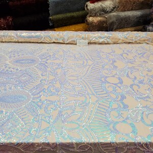 Iridescent Sky Blue/nude 4 Way Stretch Nylon Spandex Mesh Prom Sequin