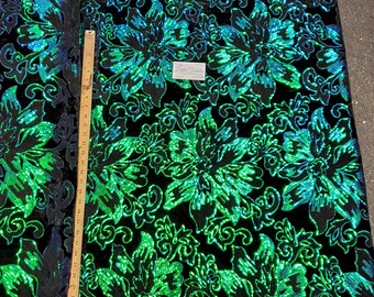 4-way Stretch Black Velvet w Iridescent Green Sequins - Lotus Flower