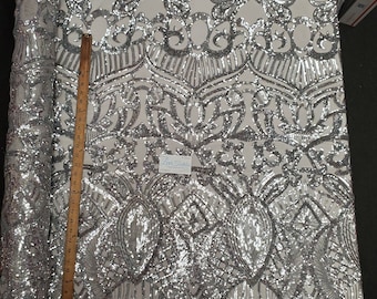 Silber Stretch Nylon Spandex Mesh Pailletten Stoff "Sternbild Design"