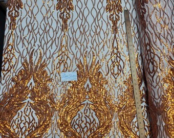 Orange / Nude "Göttin Design" 4 Way Stretch Nylon Spandex Mesh Spitze Abschlussball Pailletten Stoff DIY Hochzeit Abend Kleid Kostüme Verkauft Massenware