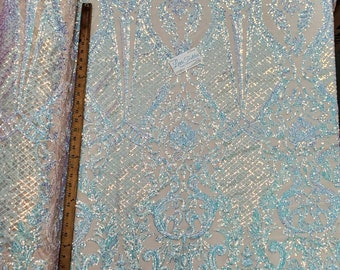 Iridescent Blue Sequin Fabric: "Melanie" Design, 4-Way Stretch Lace, Sold By The Yard