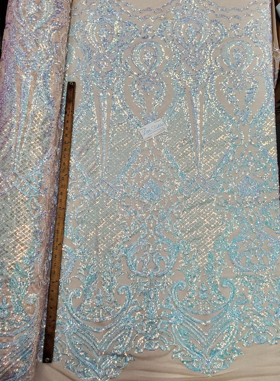 Iridescent Blue Sequin Fabric: "Melanie" Design, 4-Way Stretch Lace, Sold By The Yard
