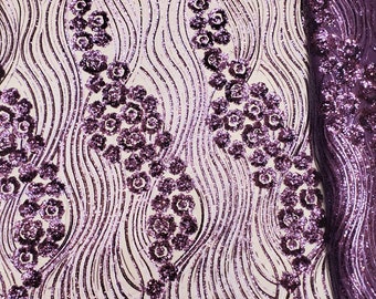 Pflaume lila Floral Pailletten Stickerei auf Poly Mesh Prom Pailletten Stoff - "Luxus wellige Pailletten"