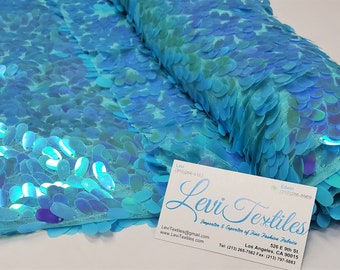 Iridescent Pearl Aqua Oval Tear Drop Sequins on Mesh - Mermaid Sequin Fabric Sold By The Yard