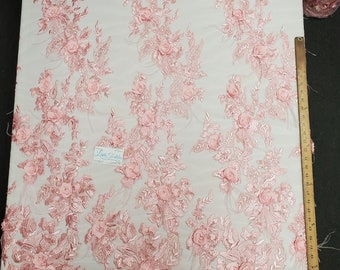 Baby Pink Floral Embroidery with 3D Satin Flowers, Sequins & Ostrich Feathers on Mesh Prom Wedding Fabric