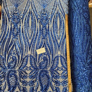 Royal Blue 4 way Stretch Sequin Fabric Embroidered on Spandex Mesh Sold By the Yard - &quot;The Dalia Sequins&quot; - Prom Wedding Dance Costume Gown