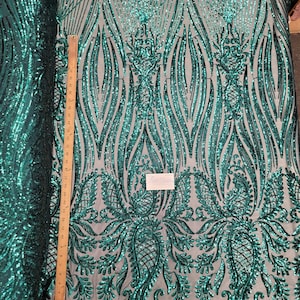 Hunter Green 4 way Stretch Sequin Fabric Embroidered on Spandex Mesh Sold By the Yard -"The Dalia Sequins" - Prom Wedding Dance Costume Gown