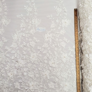 Off-White Floral Embroidery with 3D Satin Flowers & Pearls on Mesh Prom Wedding Fabric - &quot;The Princess Lace&quot;