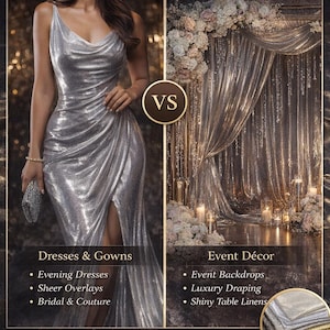 May include: Image showcasing fashion and event decor. On the left, a silver evening gown with a cowl neckline and a high slit. On the right, a shimmering backdrop with floral accents and candles. Text reads "Transform Your Designs with Liquid Shimmer & Flow."