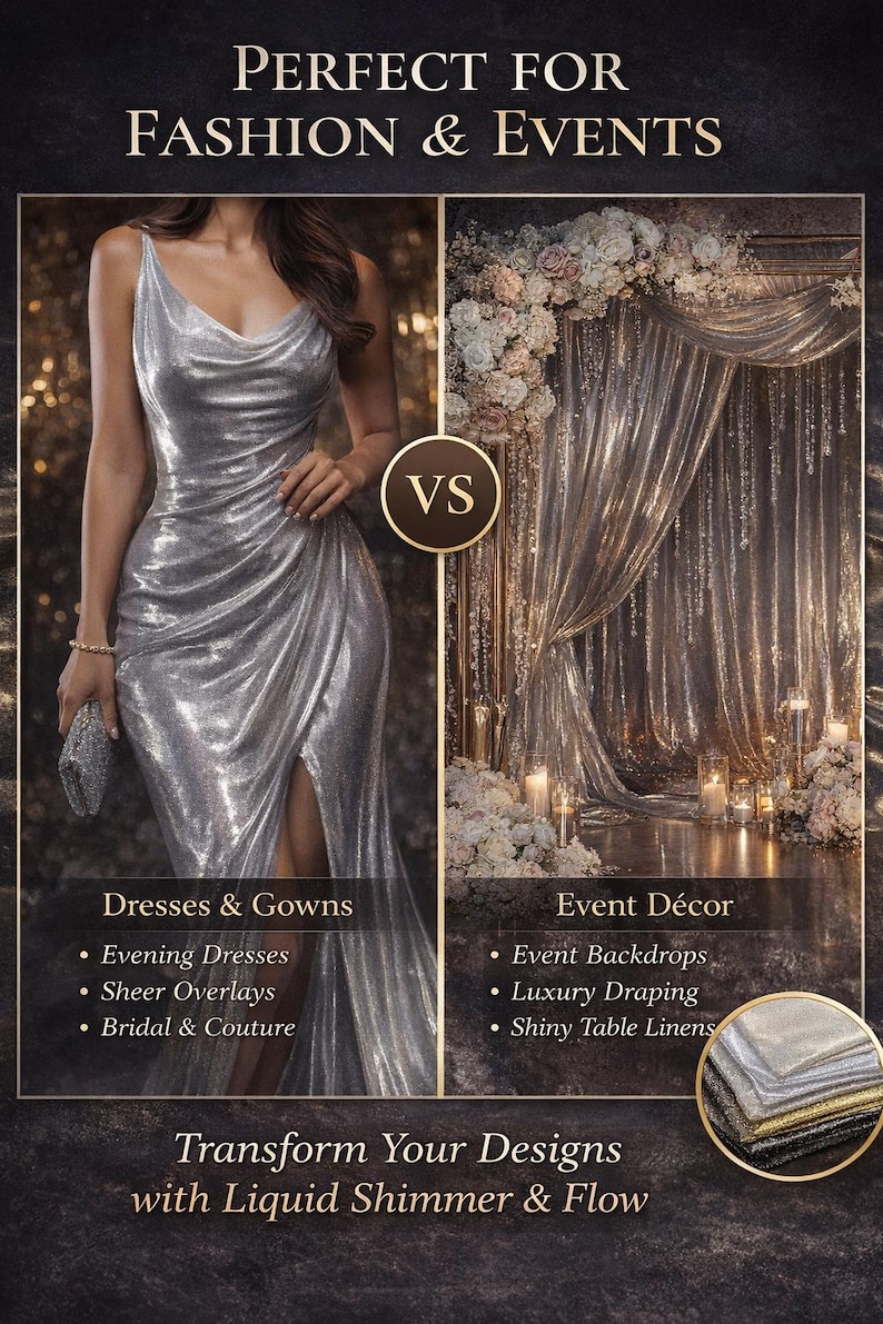 May include: Image showcasing fashion and event decor. On the left, a silver evening gown with a cowl neckline and a high slit. On the right, a shimmering backdrop with floral accents and candles. Text reads "Transform Your Designs with Liquid Shimmer & Flow."