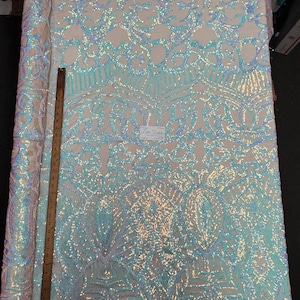 Iridescent Sky Blue/nude 4 Way Stretch Nylon Spandex Mesh Prom Sequin
