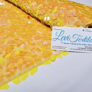 Iridescent Pearl Yellow Oval Tear Drop Sequins on Mesh - Mermaid Sequin Fabric Sold By The Yard