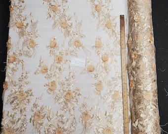 Champagne Gold Floral Embroidery with 3D Satin Flowers, Sequins & Ostrich Feathers on Mesh Prom Wedding Fabric