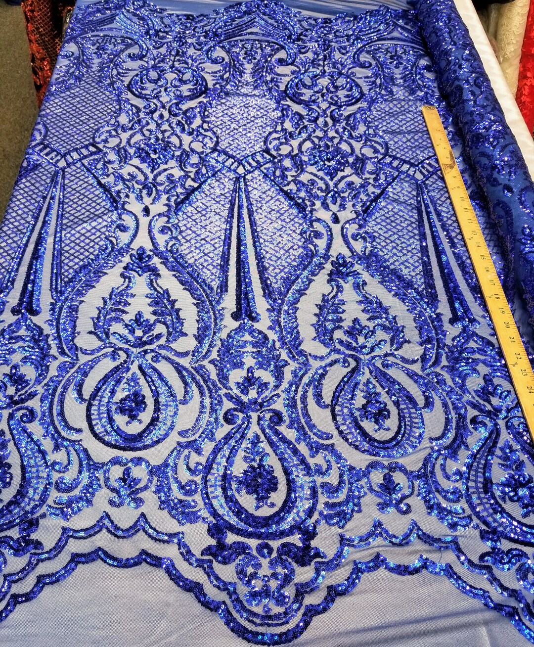 Blue Sequin Fabric by The Yard, 4 Way Stretch Big Damask on Spandex Mesh