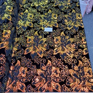 4-way Stretch Black Velvet w Iridescent Orange Sequins - Lotus Flower