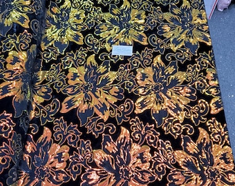 4-way Stretch Black Velvet w Iridescent Orange Sequins - Lotus Flower
