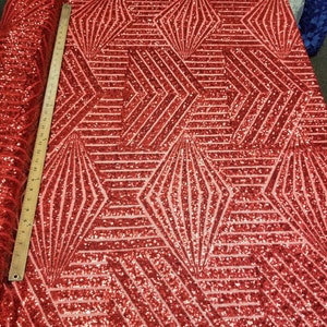 Red Geometric Sequin Fabric on Mesh 2 Way Stretch "BombShell Sequins"
