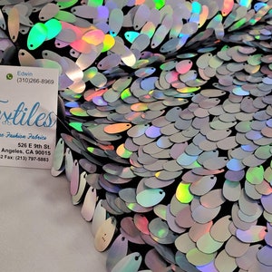 Iridescent Hologram Silver Oval Tear Drop Sequins on Mesh - Mermaid Sequin Fabric Sold By The Yard