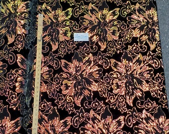 4-way Stretch Black Velvet w Iridescent Lavender Sequins - Lotus Flower