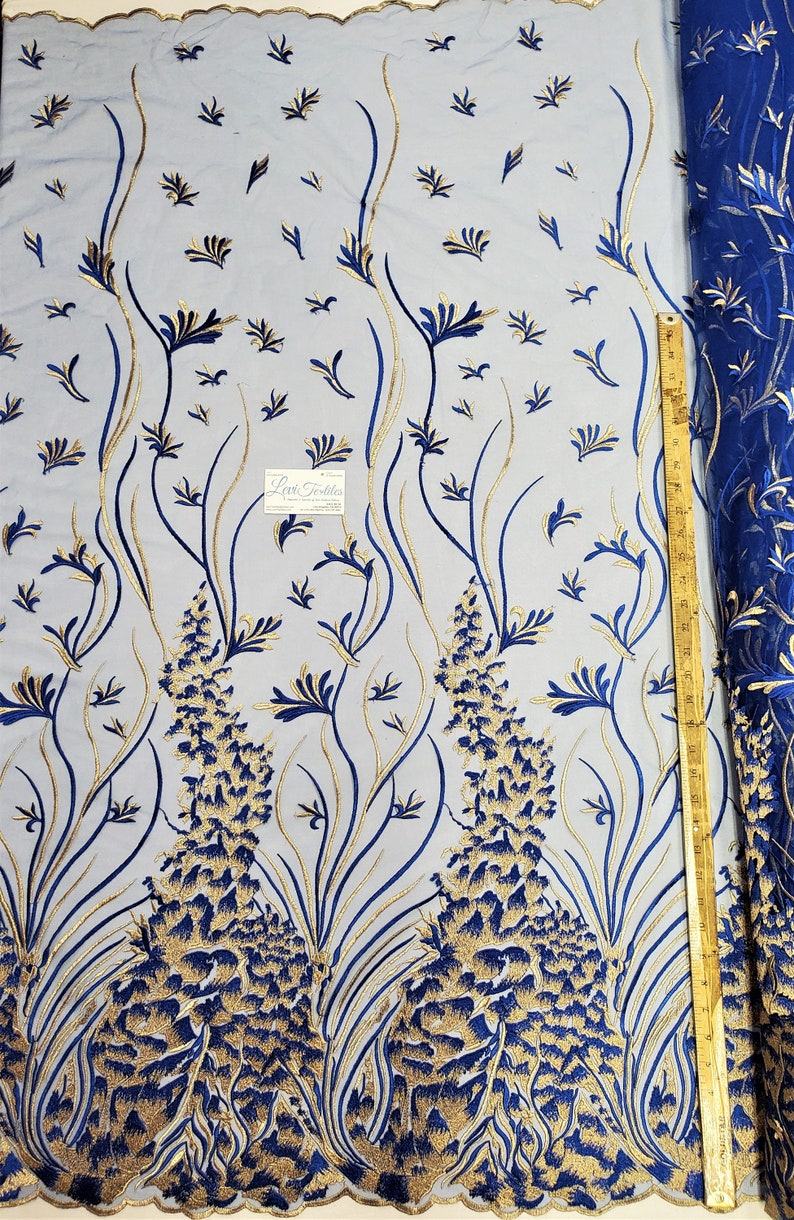 Royal BlueGold Multi-Colored Lace Fabric Embroidered on Mesh Free Bird Lace for Dress Gown Prom Dress Costume Lace DIY Materials Supply