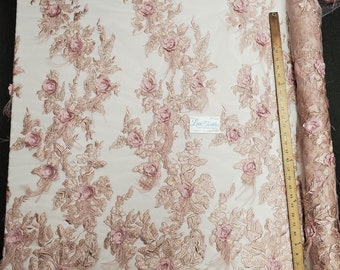 Dusty Rose Floral Embroidery with 3D Satin Flowers, Sequins & Ostrich Feathers on Mesh Prom Wedding Fabric