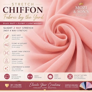 May include: Pink chiffon fabric by the yard. The image shows a close-up of the fabric, highlighting its silky, flowy, and lightweight texture. The text on the image says "Chiffon Fabric by the Yard" and "Elevate Your Creations". The fabric is 58/60 inches wide.