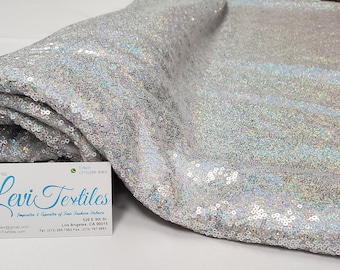 Iridescent Hologram Silver Glitz Sequins Fabric / 3mm Sequin on Poly Mesh BTY