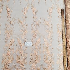 Blush Feather Embroidery with 3D Applications, Pearls, Stones & Ostrich Feathers on Mesh Prom Wedding Fabric Sold By The Yard