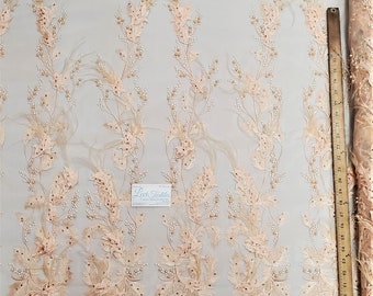 Blush Feather Embroidery with 3D Applications, Pearls, Stones & Ostrich Feathers on Mesh Prom Wedding Fabric Sold By The Yard