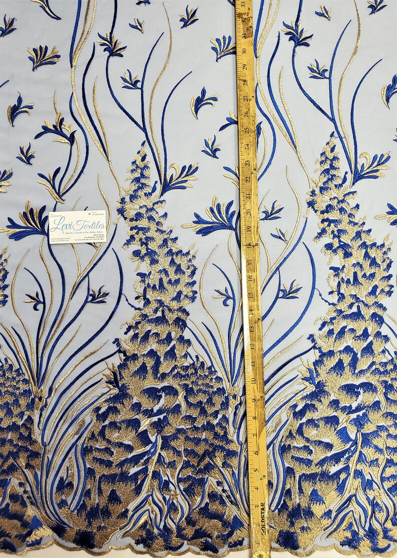Royal BlueGold Multi-Colored Lace Fabric Embroidered on Mesh Free Bird Lace for Dress Gown Prom Dress Costume Lace DIY Materials Supply