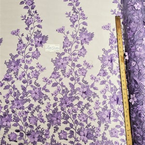 Lavender Floral Embroidery with 3D Satin Flowers & Pearls on Mesh Prom Wedding Fabric - &quot;The Princess Lace&quot;
