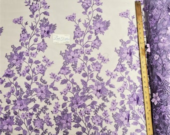 Lavender Floral Embroidery with 3D Satin Flowers & Pearls on Mesh Prom Wedding Fabric - "The Princess Lace"
