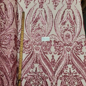Pink &quot;Hourglass Design&quot; 4 Way Stretch Nylon Spandex Mesh Lace Prom Sequin Fabric DIY Wedding Evening Dress Costumes Sold By The Yard BTY