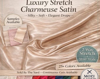 Luxus Stretch Charmeuse Satin Stoff Meterware - Seidig Weicher, Hochglänzender, 2-Wege-Stretch Stoff für Kleider, Brautmode, Dessous