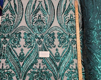 Hunter Green "Hourglass Design" 4 Way Stretch Nylon Spandex Mesh Lace Prom Pailletten Stof DIY Bruiloft Avondjurk Kostuums Verkocht op maat gesneden