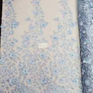 Baby Blue Floral Embroidery with 3D Satin Flowers & Pearls on Mesh Prom Wedding Fabric - &quot;The Princess Lace&quot;