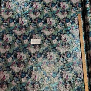 Digital Print Stretch Sequins on Poly Spandex Fabric Sold By The Yard &quot;Aqua/Purple Floral&quot;