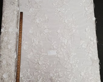 White Floral Embroidery with 3D Satin Flowers, Sequins & Ostrich Feathers on Mesh Prom Wedding Fabric