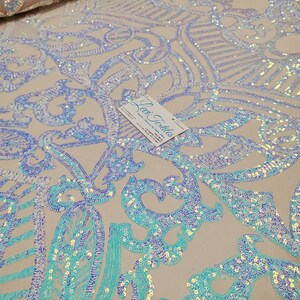 Iridescent Sky Blue/nude 4 Way Stretch Nylon Spandex Mesh Prom Sequin