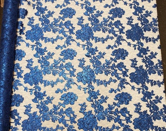 Royal Blue Floral Embroidery on Nylon Crochet Mesh Prom Sequin Fabric - "The Kelly Lace"